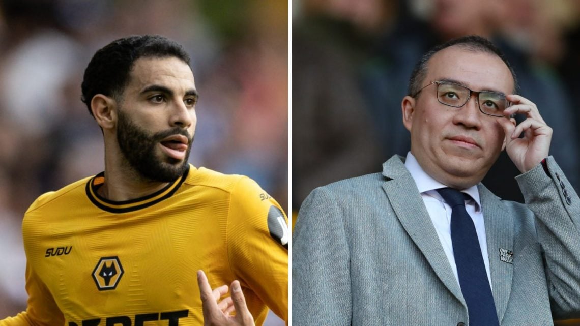 Rayan Ait-Nouri playing for Wolves (left), Wolves chairman Jeff Shi adjusts his glasses (right)
