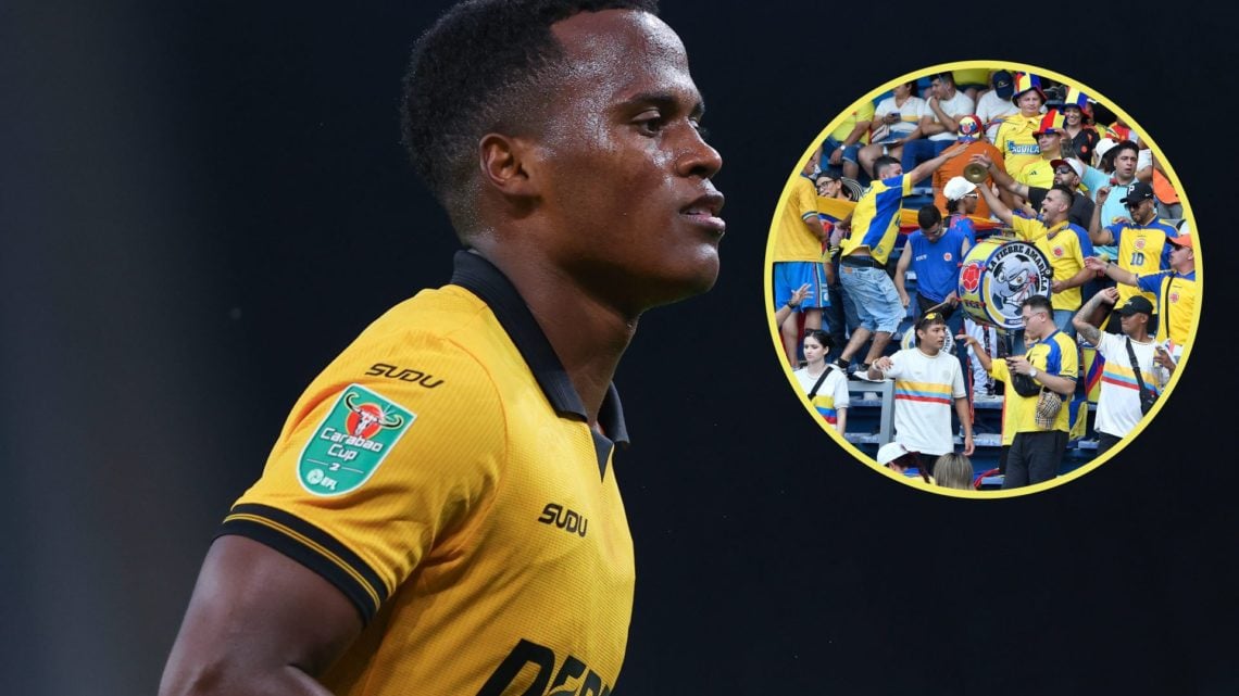 Main: Jhon Arias in action for Wolves Overlay: Colombian fans in the stand against Bolivia