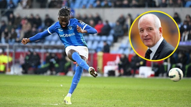 Tolu Arokodare taking a penalty for Genk (central), Molineux legend Steve Bull looks on (right)