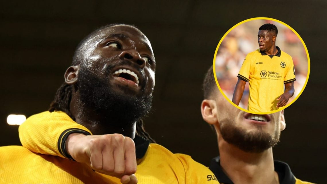Tolu Arokodare celebrates after scoring for Wolves (left), Marshall Munetsi playing for Wolves (inset)