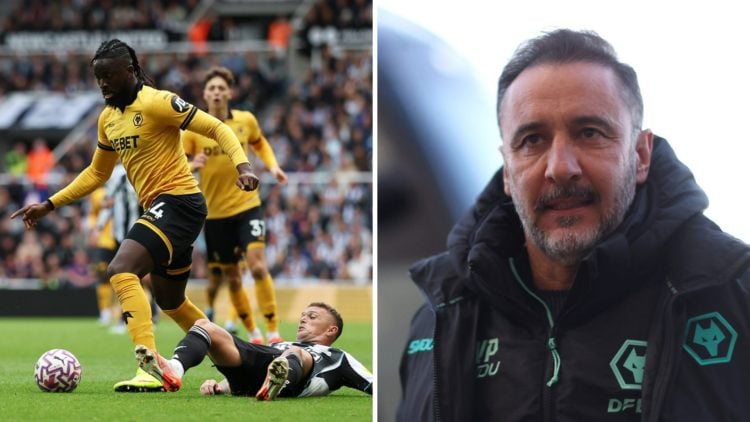 Tolu Arokodare playing for Wolves (left), Vitor Pereira steps off the Wolves team coach (right)