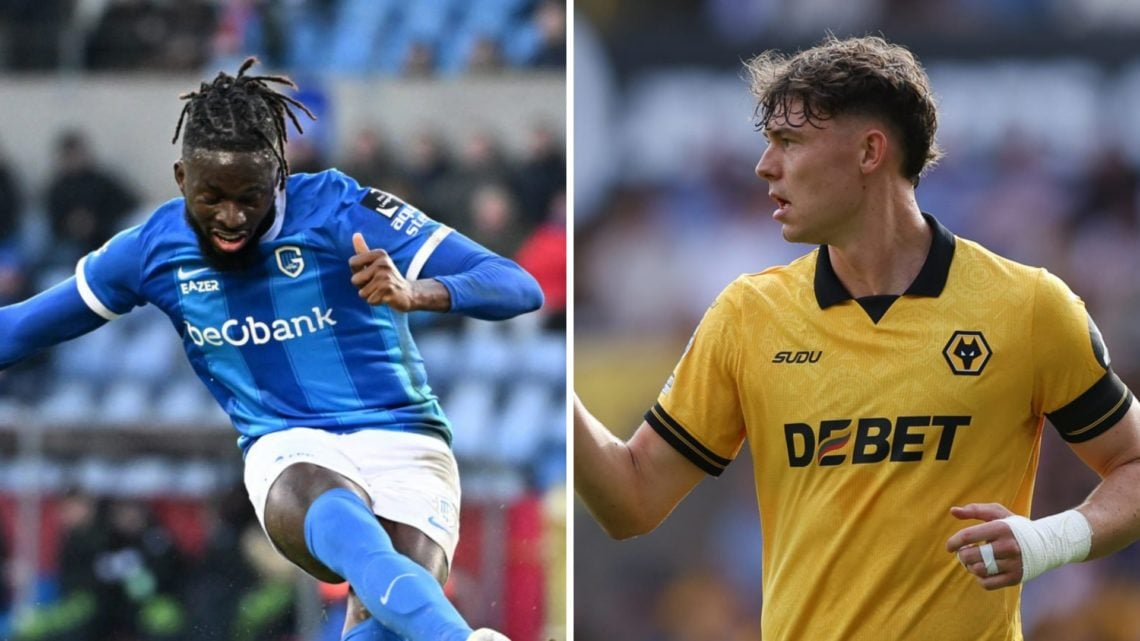 Tolu Arokodare taking a penalty for Genk (left), Jorgen Strand Larsen playing for Wolves (right)