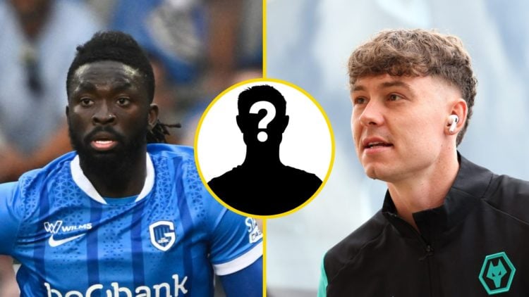 Tolu Arokodare playing for Genk (left), Wolves striker Jorgen Strand Larsen smiles (right), mystery player (inset)