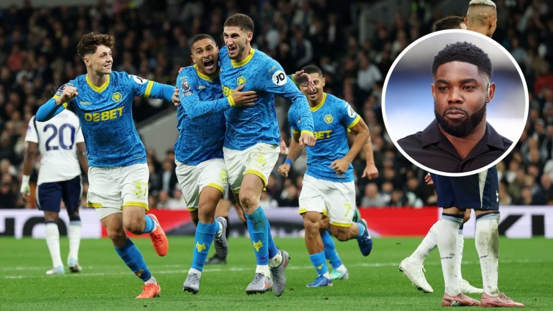 Santiago Bueno celebrates after scoring for Wolves against Tottenham (central), Micah Richards looks on (inset)