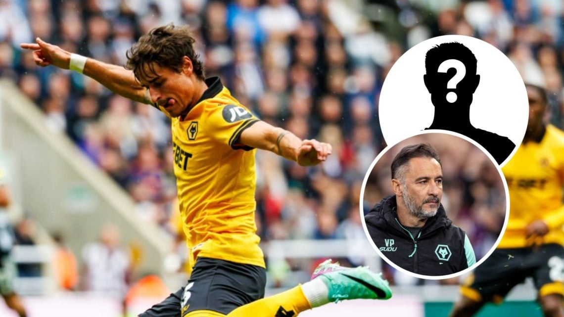 Hugo Bueno crossing the ball for Wolves (left), Vitor Pereira looks on bottom (inset), mystery player (upper inset)