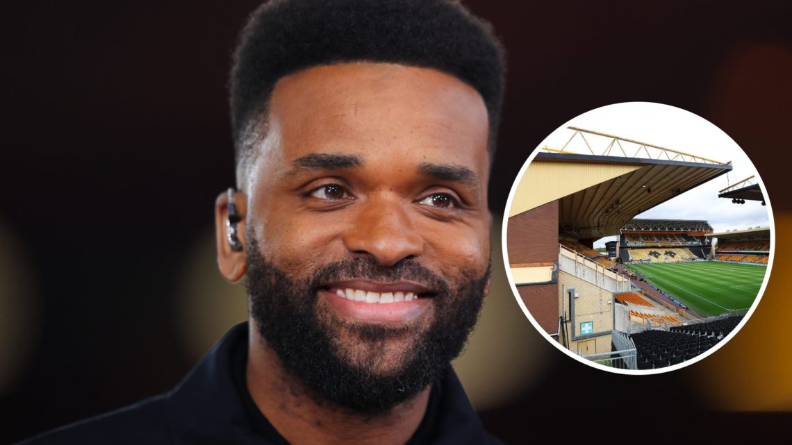 Main: Darren Bent working as a pundit for ITV Overlay: View of the Billy Wright stand and Molineux