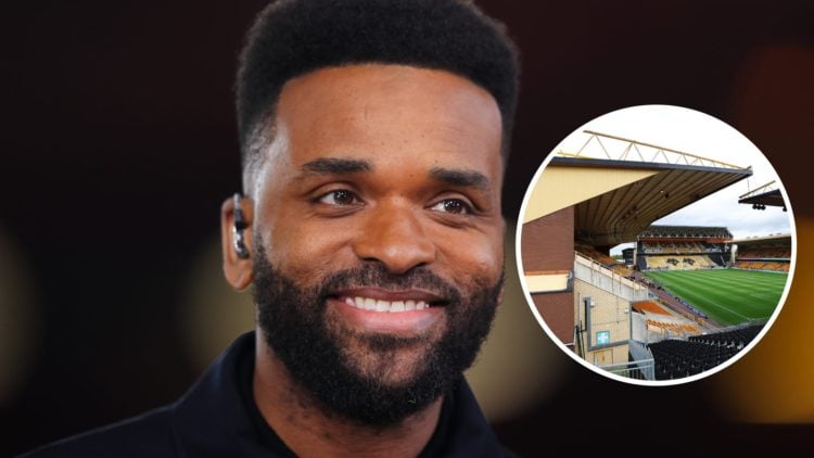 Main: Darren Bent working as a pundit for ITV Overlay: View of the Billy Wright stand and Molineux
