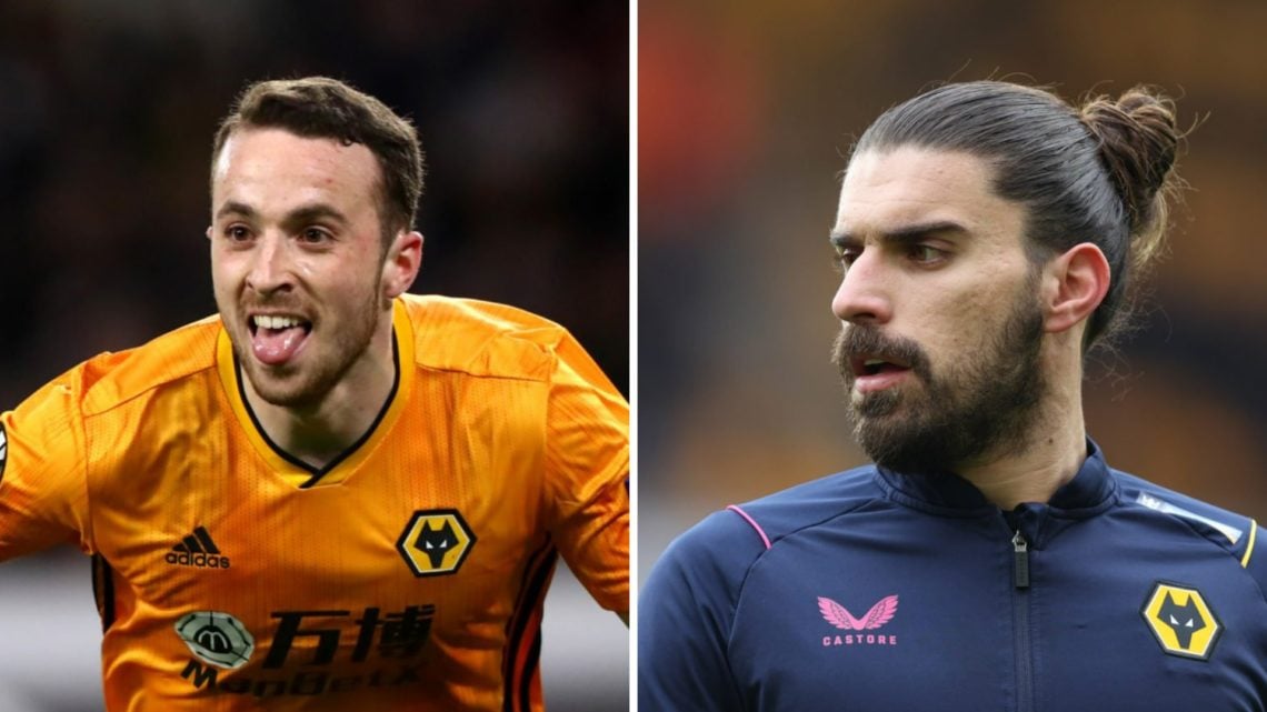 Diogo Jota celebrates scoring for Wolves (left), Ruben Neves warming up for Wolves (right)