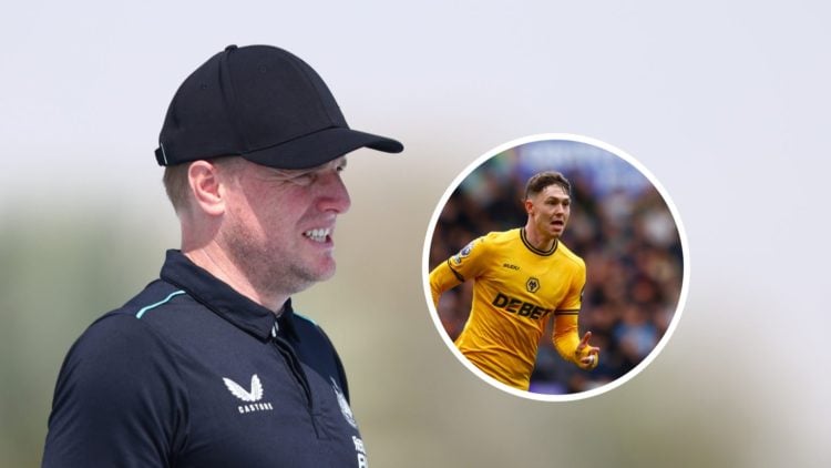 Eddie Howe looks on at Newcastle United training, with overlay of Wolves striker Jorgen Strand Larsen (right).