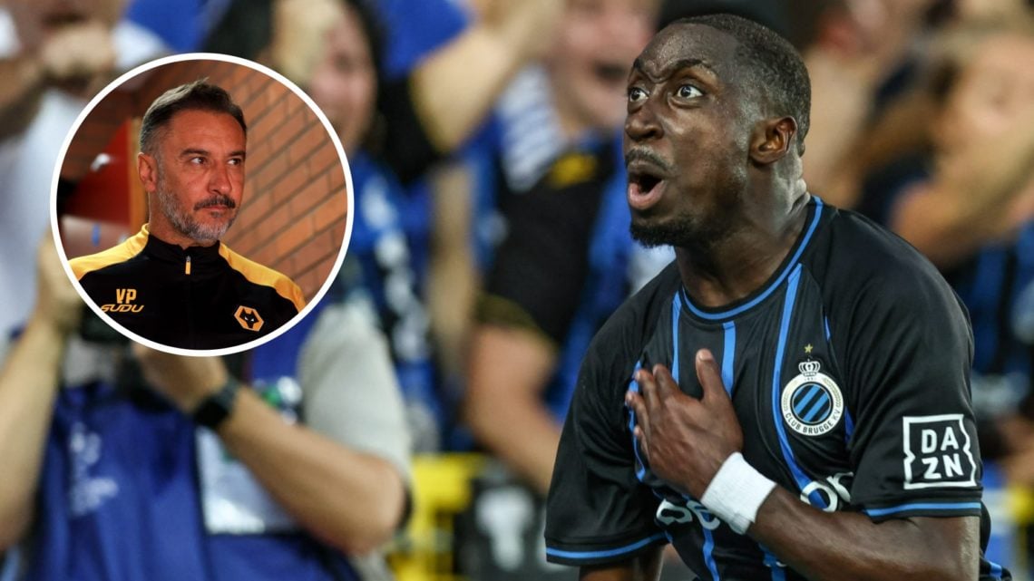 Carlos Forbs celebrates after scoring for Club Brugge (right), Vitor Pereira arrives ready to manage Wolves (inset)