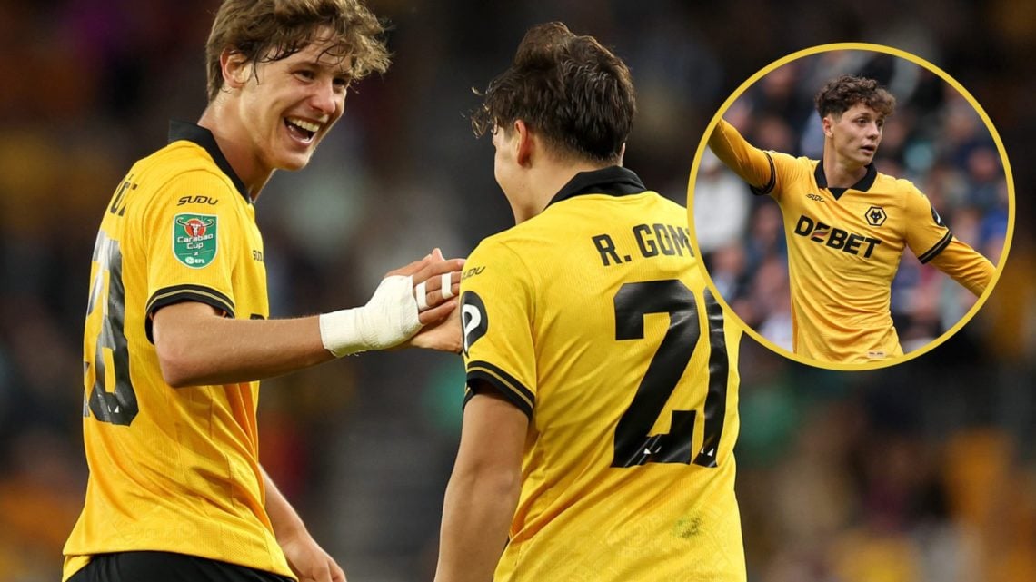 Main: Rodrigo Gomes and Fer Lopez celebrating a goal for Wolves Overlay: Ladislav Krejci in action for Wolves