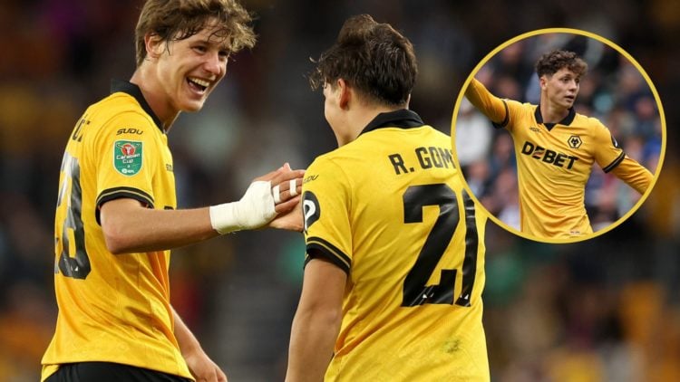 Main: Rodrigo Gomes and Fer Lopez celebrating a goal for Wolves Overlay: Ladislav Krejci in action for Wolves