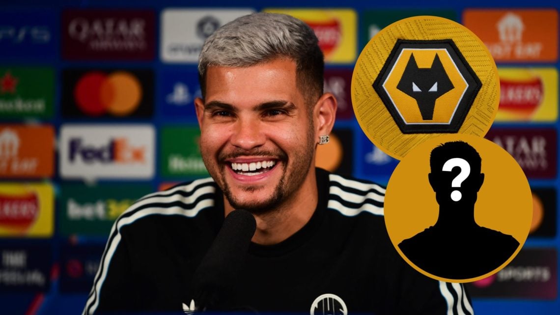 Main: Bruno Guimaraes in Newcastle Champions League press conference Overlay: Wolves crest Inset: Mystery player