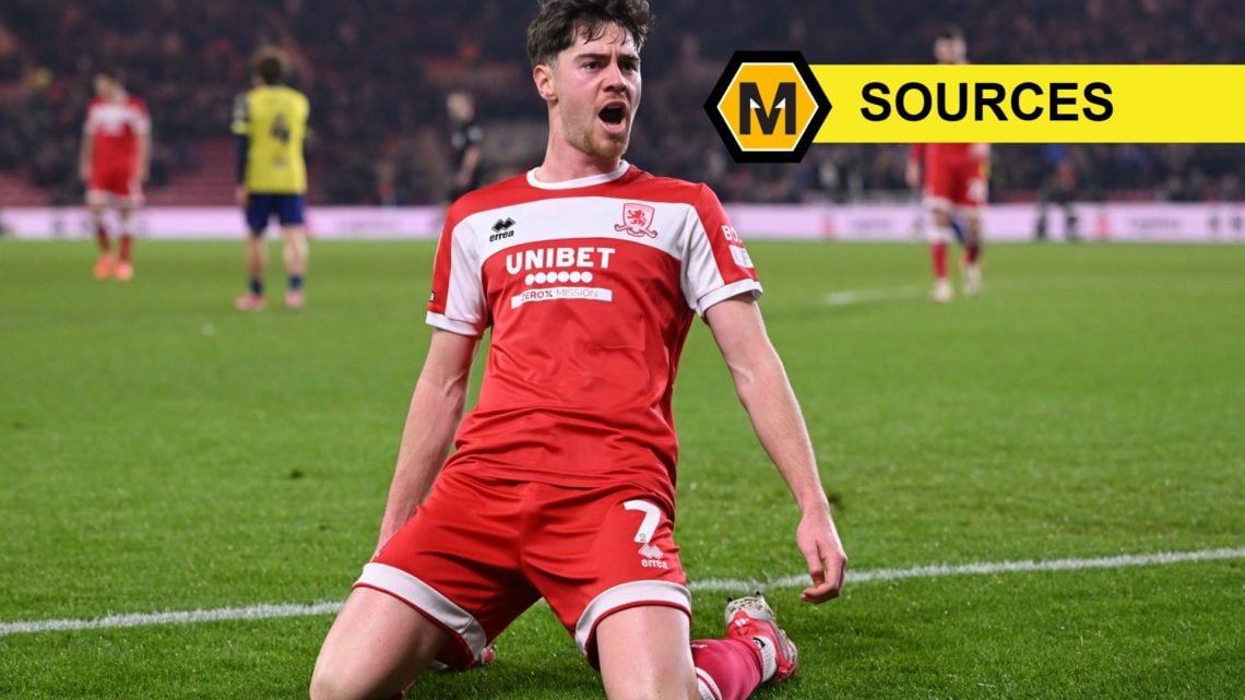 Hayden Hackney celebrating a goal for Middlesbrough, labelled 'Sources' with Molineux logo (right).