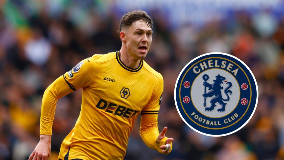 Striker Jorgen Strand Larsen playing for Wolves with overlay of Chelsea badge (right).