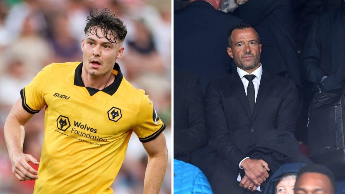 Jorgen Strand Larsen (left) playing for Wolves and Jorge Mendes (right) spectating a match at Molineux.