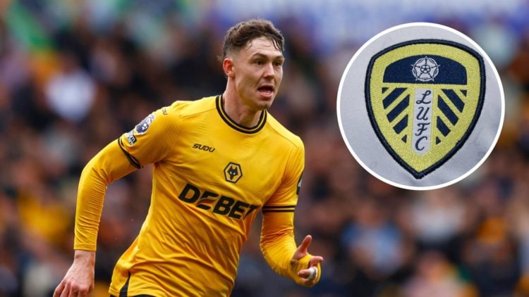 Main: Jorgen Strand Larsen in action for Wolves Overlay: Leeds United crest