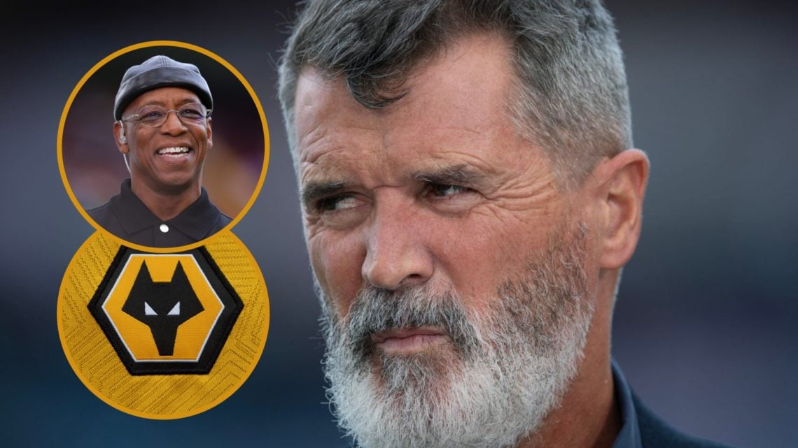 Main: Roy Keane working as a pundit during a game Overlay: Ian Wright smiling as he works as a TV pundit Overlay: Wolves crest