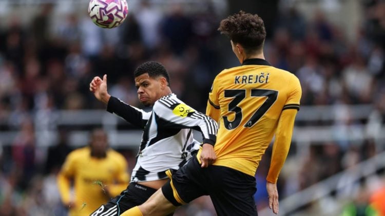 Ladislav Krejci battling for a header against Newcastle United