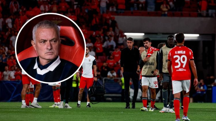 Bruno Lage looks glum after Benfica's loss to Qarabag (central), Jose Mourinho looks on (inset)