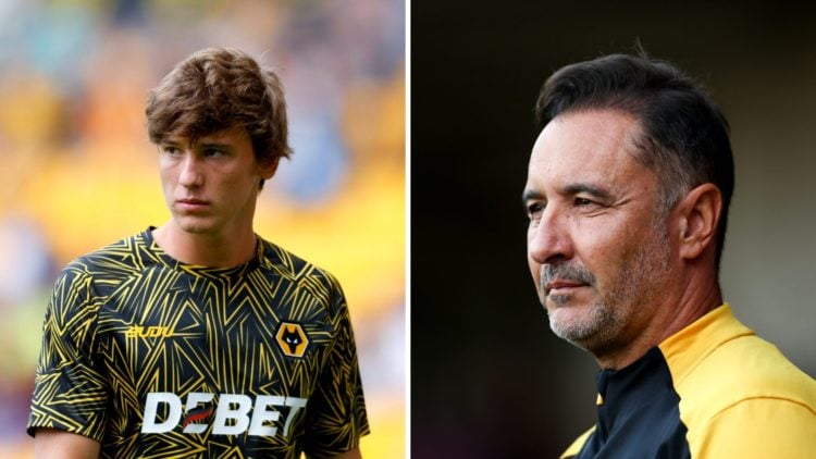 Fer Lopez warming up for Wolves (left), Wolves manager Vitor Pereira looks on (right)