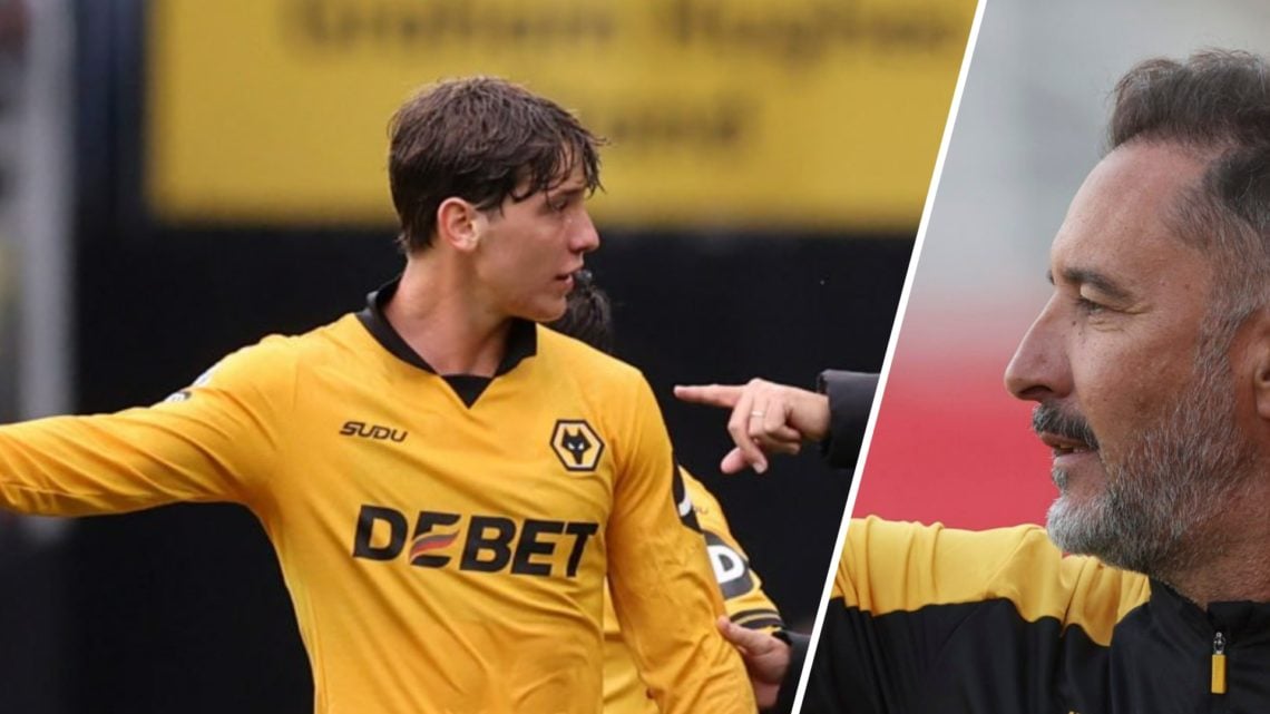 Wolves star Fer Lopez receives instructions (left), Wolves manager Vitor Pereira looks on (right)