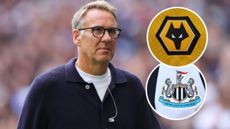 Main: Paul Merson looking on while working as a pundit Overlay: Wolves crest Overlay: Newcastle crest