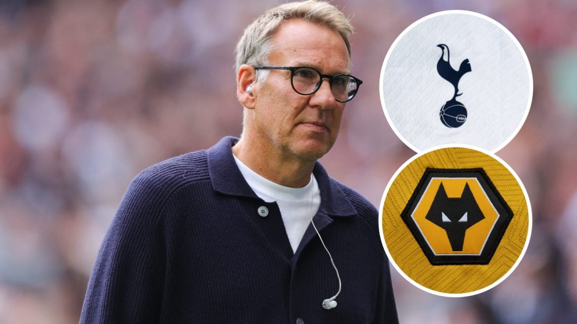 Main: Paul Merson working as a TV pundit Overlay: Wolves crest Overlay: Tottenham crest