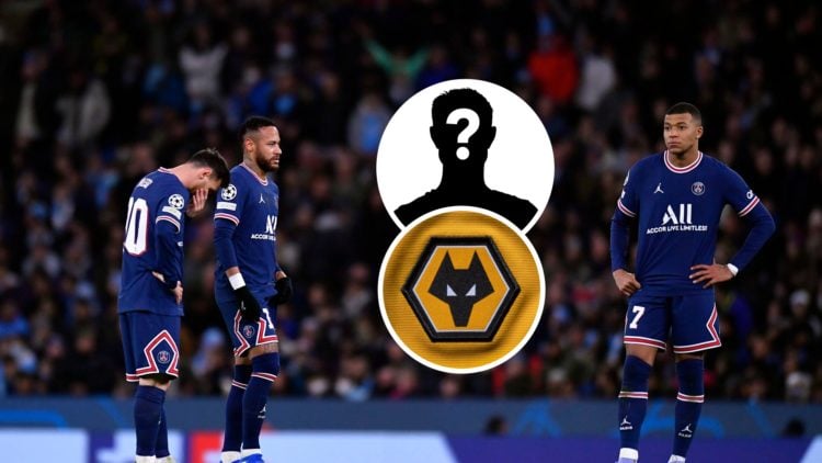 Messi, Neymar and Mbappe playing for PSG, with Wolves badge and mystery player overlay (centre).