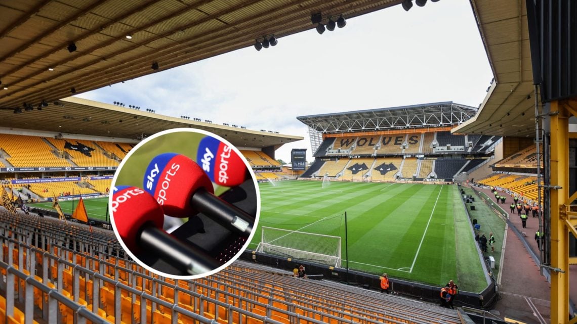 An empty Molineux Stadium with an overlay of Sky Sports microphones (left).