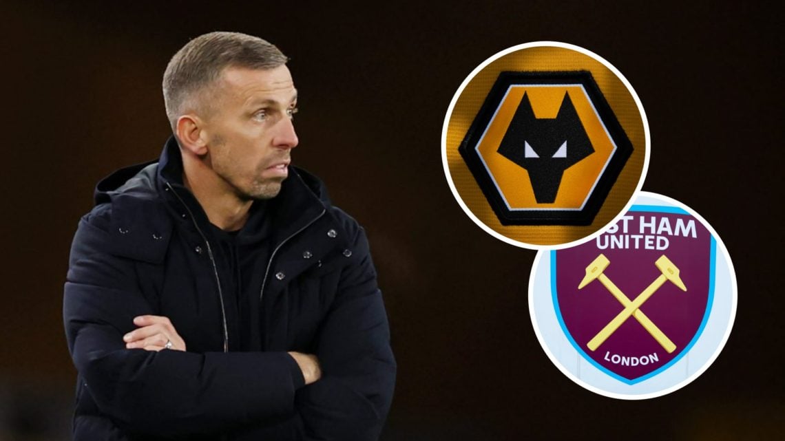 Gary O'Neil managing Wolves (left), Wolves badge (upper inset), West Ham United badge (lower inset)