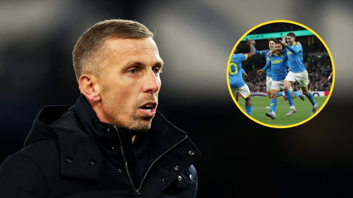 Gary O'Neil managing Wolves (central), Wolves players celebrating after Santiago Bueno scored against Tottenham (inset)