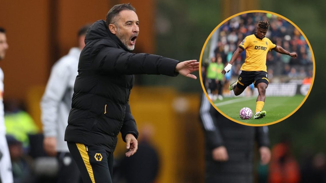 Main: Vitor Pereira giving Wolves player instructions on the touchline against Leeds United Overlay: Emmanuel Agbadou in action for Wolves