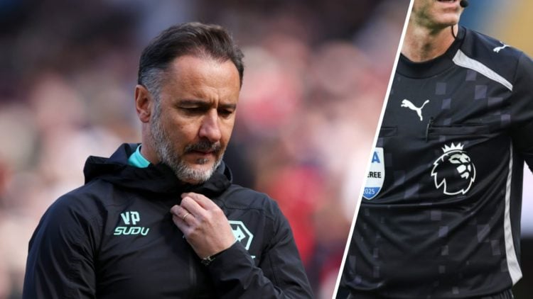 Wolves manager Vitor Pereira looks down (left), Anthony Taylor refereeing at the Etihad Stadium (right)