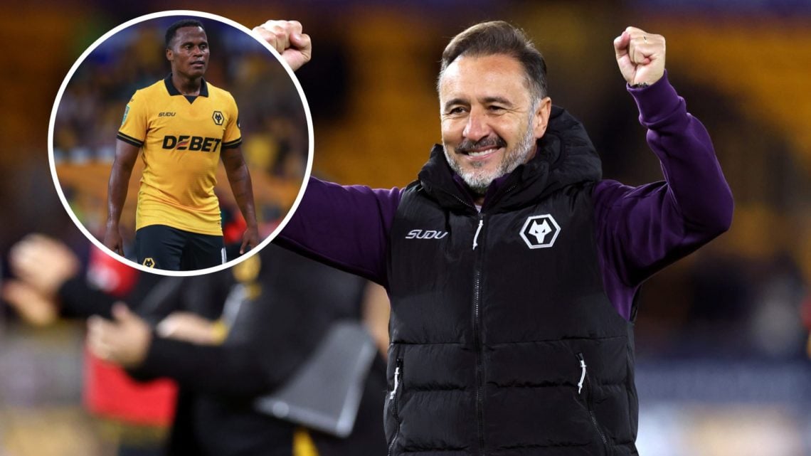Main: Vitor Pereira celebrating a Wolves win against Everton Overlay: Jhon Arias in action for Wolves