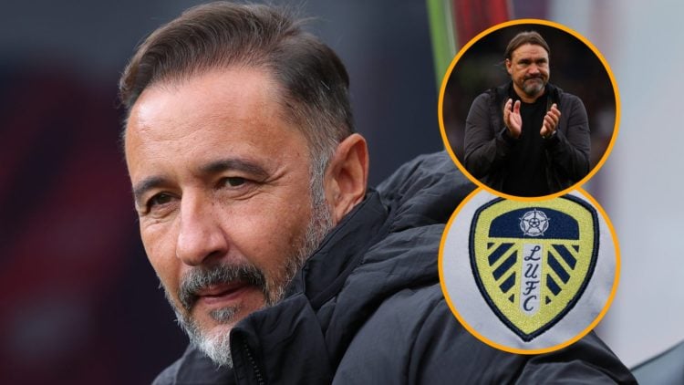 Main: Vitor Pereira in the dugout for Wolves Overlay: Daniel Farke on the pitch Overlay: Leeds United badge