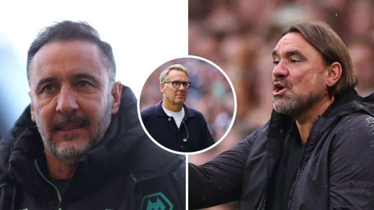 Vitor Pereira steps off the Wolves team coach (left), Daniel Farke managing Leeds (right), Paul Merson looks on (inset)