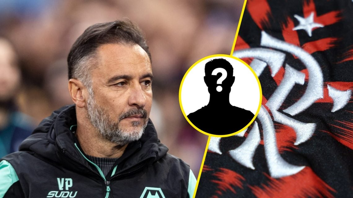 Wolves manager Vitor Pereira looks on (left), Flamengo badge (right), mystery player (inset)
