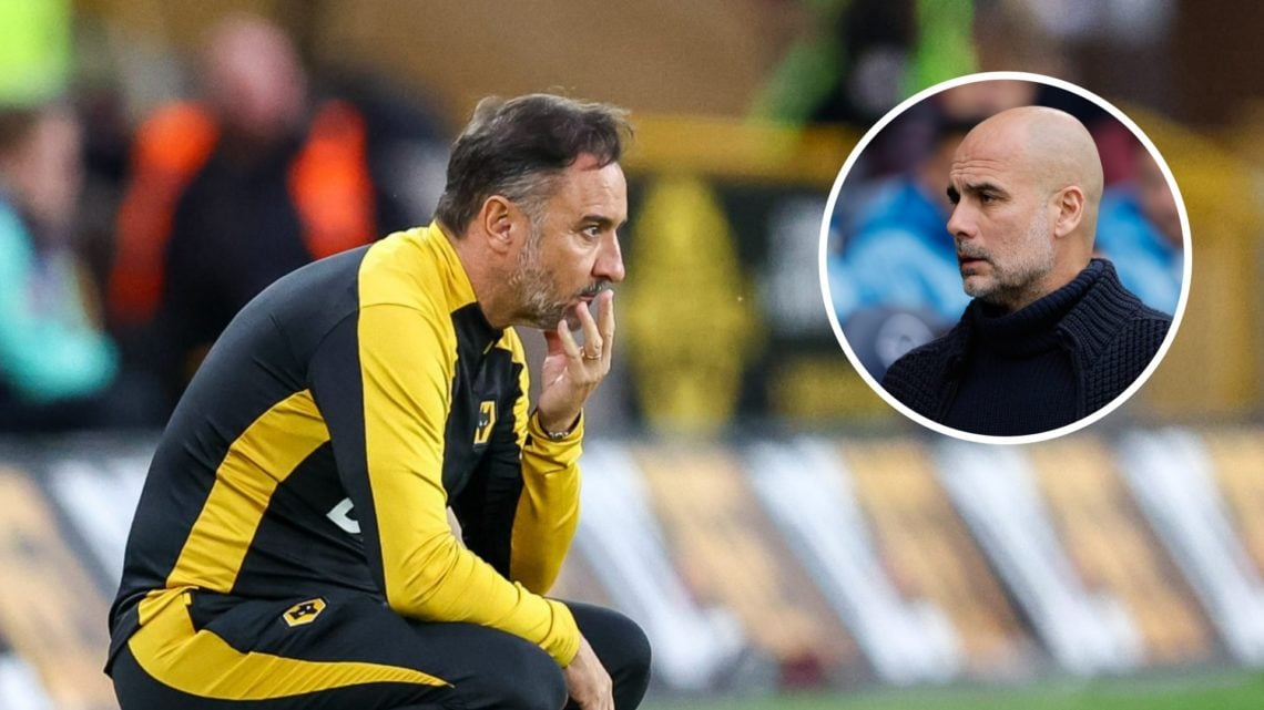 Wolves manager Vitor Pereira looks on (left), Pep Guardiola managing Manchester City (inset)
