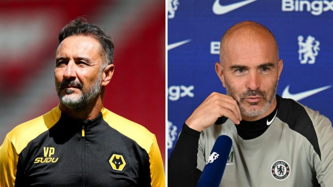 Vitor Pereira takes in the scenery at the Bet365 Stadium (left), Enzo Maresca in a Chelsea press conference (right)