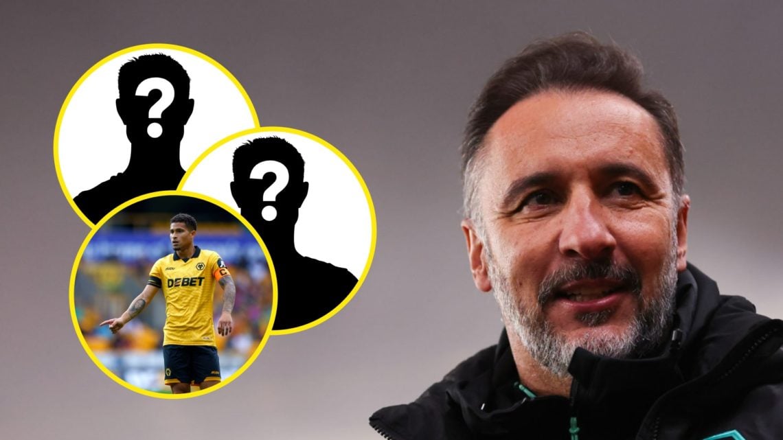 Wolves manager Vitor Pereira looks on (right), mystery player insets (upper and right), Joao Gomes playing for Wolves (bottom inset)