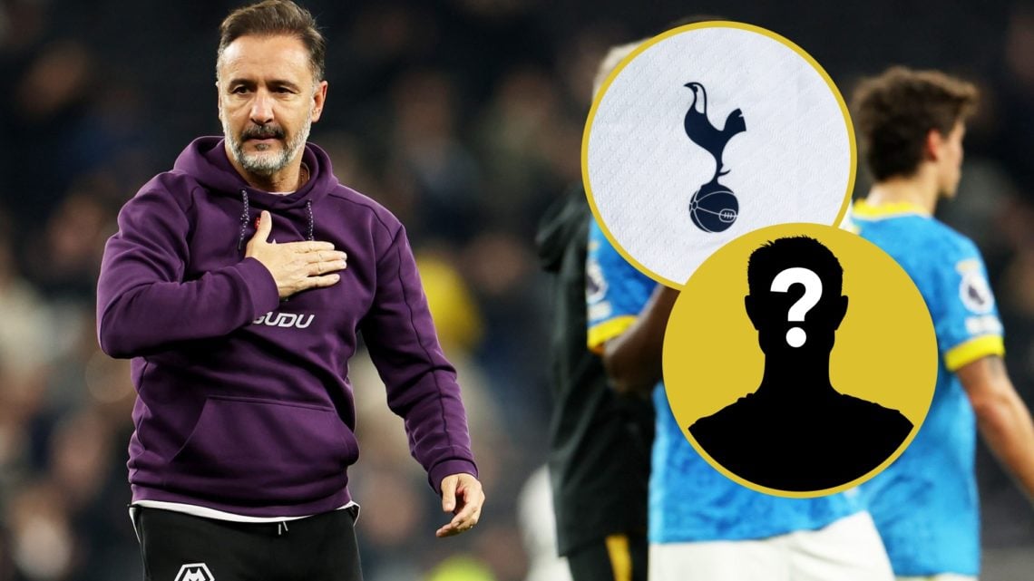 Main: Vitor Pereira with his hand on chest following Tottenham vs Wolves Overlay: Tottenham badge Inset: Mystery player