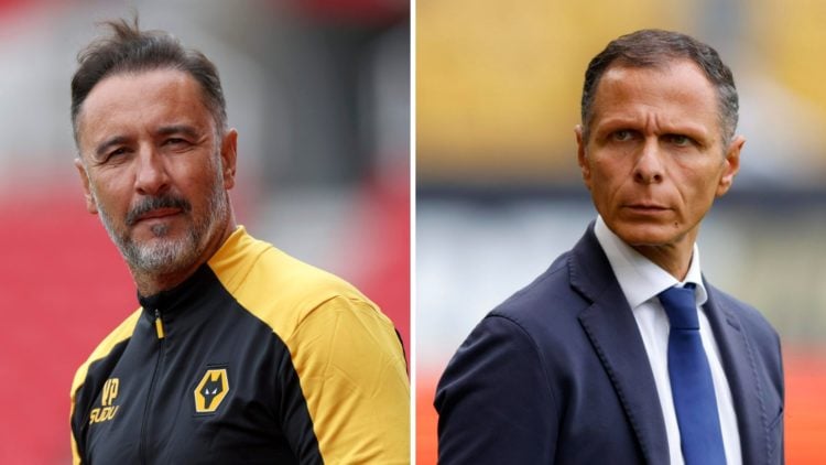 Wolves manager Vitor Pereira squints (left), Wolves director of professional football Domenico Teti looks in (right)