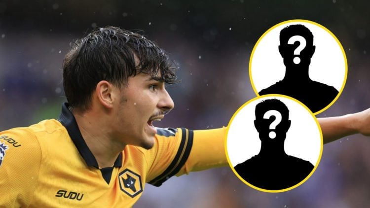 Rodrigo Gomes pointing while playing for Wolves (left), mystery players (insets)