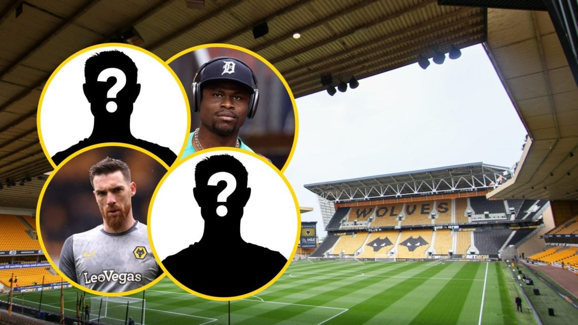 Jose Sa warming up for Wolves (bottom left inset), Emmanuel Agbadou ahead of playing for Wolves (upper right inset), mystery players (top left and ...