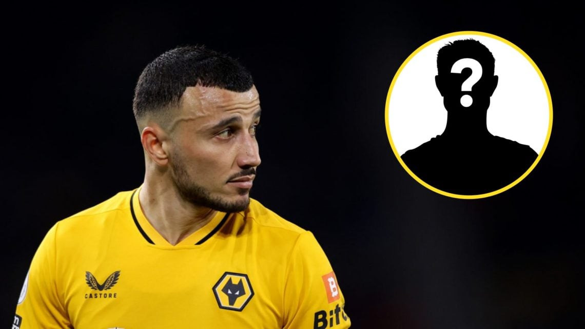 Romain Saiss playing for Wolves (left), mystery player (inset)