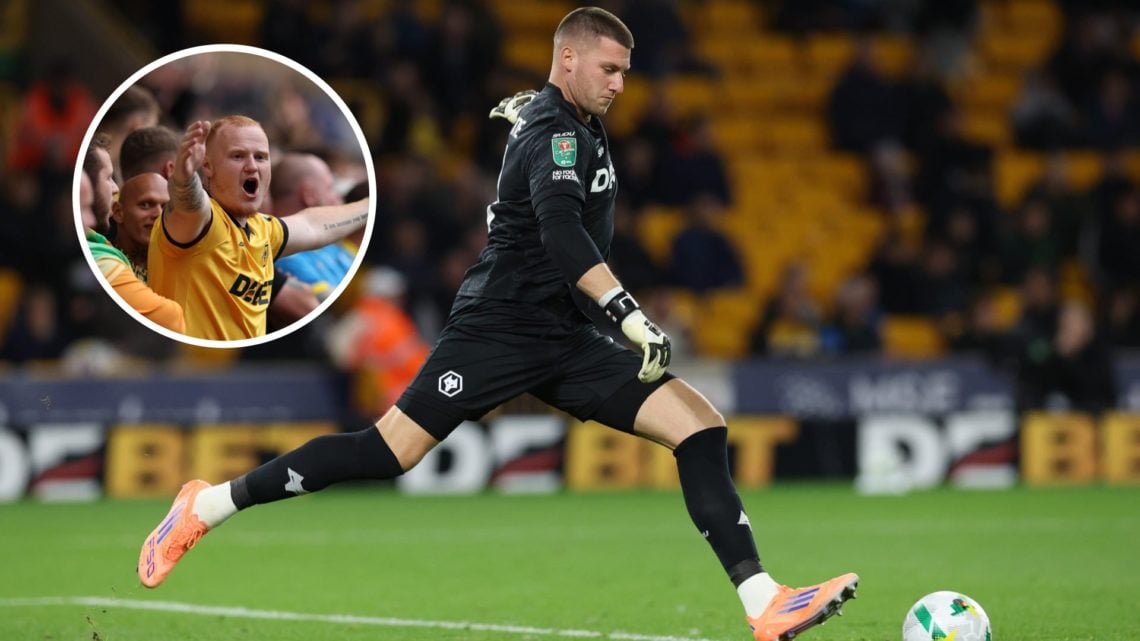 Sam Johnstone kicking a ball and Wolves fan in the stands.