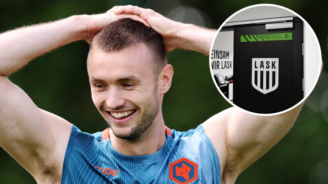 Main: Sasa Kalajdzic in Wolves training Overlay: LASK badge