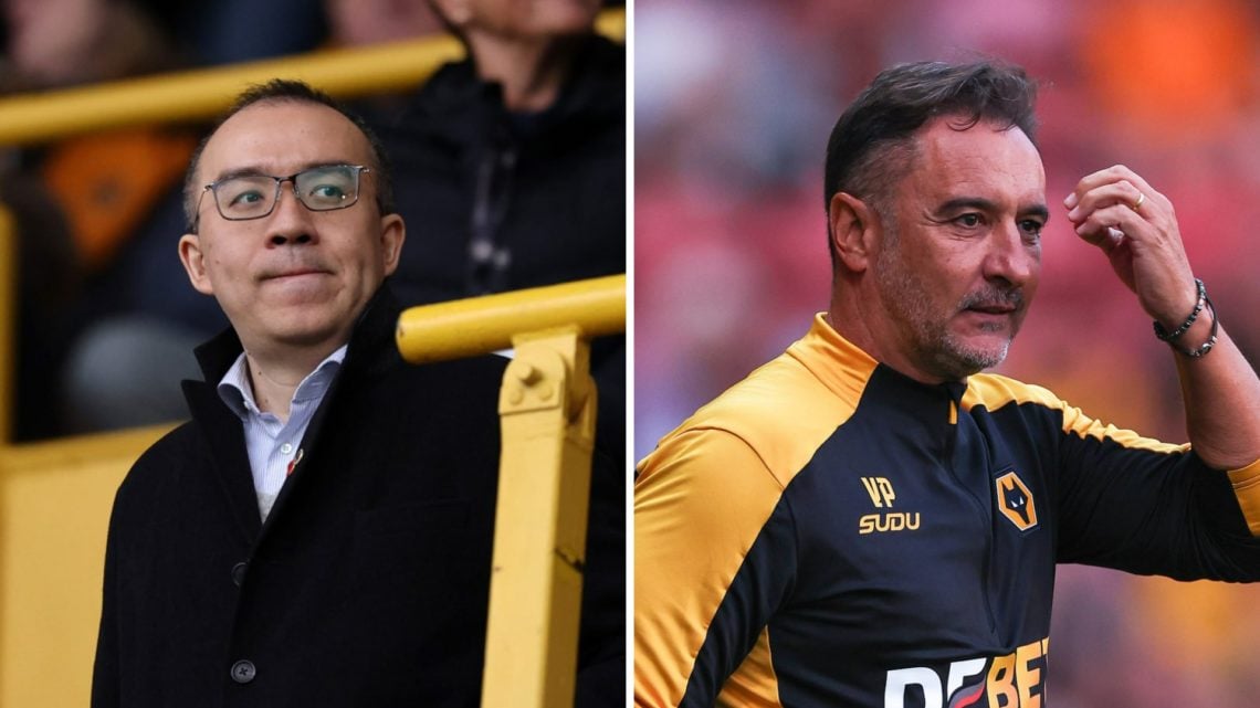 Jeff Shi looks on at Molineux (left), Wolves manager Vitor Pereira raises his hand (right)