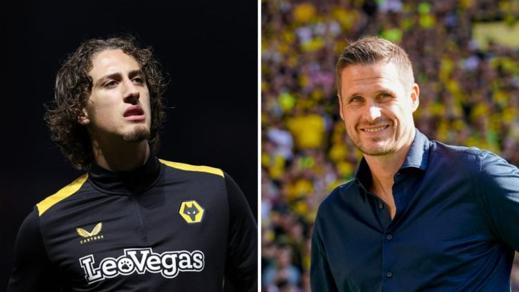 Fabio Silva warming up for Wolves (left) and Borussia Dortmund sporting director Sebastien Kehl smiles (right)
